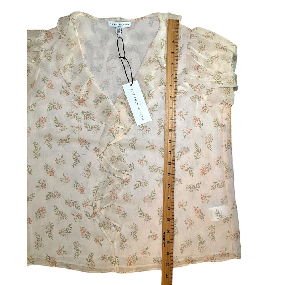 Maison d'Amelie Women's Ruffle Blouse Short Puff Sleeve Sheer Sz S Beige Printed - Picture 8 of 8